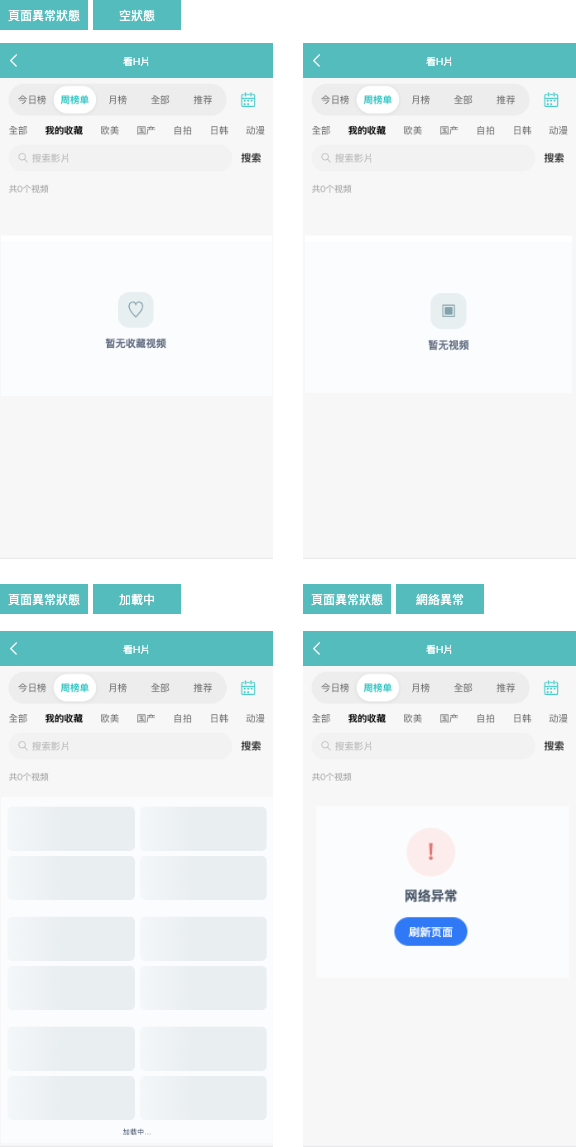 用户提供的看H片其他状态四状态 H5 原型截图